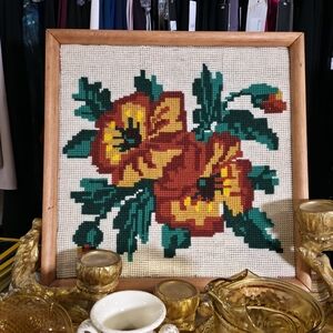 Vintage Framed Needlepoint Poppies Wall Art Red Yellow Floral Boho Decor